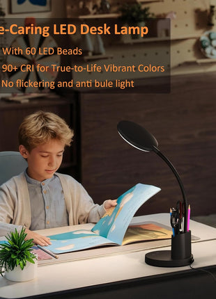 Desk Lamp, LED Desk Lamp for Home Office, Touch Table Lamp with 3 Color Modes 360° Adjustable Arm, Dimmable Desk Light with Pen Phone Holder, Black