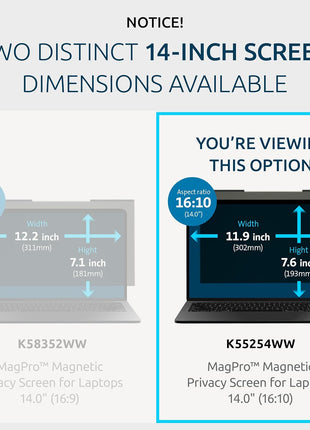 Kensington MagProTM Magnetic Laptop Privacy Screen 14 inch, Removable 16:10 Laptop Privacy Filter, Anti-Glare, Blue Ray Reduction, Compatible with HP/Dell/Acer/Asus/Samsung/Lenovo (K55254WW)