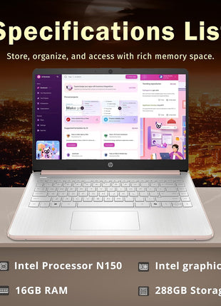 HP Stream 14 inch HD BrightView Laptop, Intel Celeron N150, 16GB RAM, 288GB Storage (128GB UFS + 160GB Docking Station Set), Intel UHD Graphics, 720p Webcam, Wi-Fi, 1 Year Office 365, Win 11S, Gold