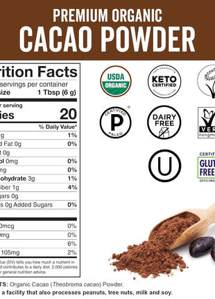 Organic Cacao Powder, Unsweetened, 1 lb (454 g) – Rich Dark Chocolate Flavor, Perfect for Baking, Smoothies & Hot Chocolate – Vegan, Keto, Paleo, Non-GMO & Gluten-Free Cocoa Powder