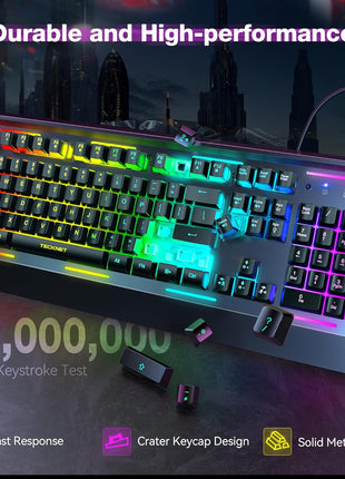 TECKNET Wired Gaming Keyboard, USB Wired Computer Keyboard, 15-Zone RGB Illumination, IP32 Water Resistance, 25 Anti-ghosting Keys, All-Metal Panel (Whisper Quiet Design)