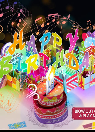 3D Pop-Up Birthday Card with Music, Blowable LED Candle, for Ages 1 to 100 | Happy Birthday Music, Color-Changing Lights, 3D Cake Design, Envelope & Greeting Card, Milestone Gift for Women, Men And Kids