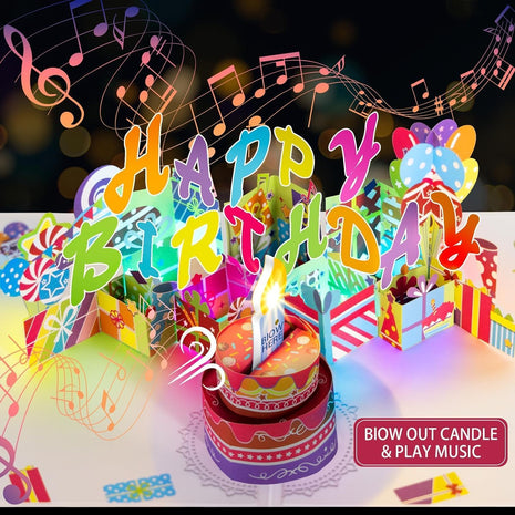 3D Pop-Up Birthday Card with Music, Blowable LED Candle, for Ages 1 to 100 | Happy Birthday Music, Color-Changing Lights, 3D Cake Design, Envelope & Greeting Card, Milestone Gift for Women, Men And Kids