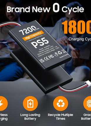 PS5 Controller Battery, High Capacity 2x7200mWh Rechargeable PS5 Battery Pack for Dualsense Controller with Black Skin, Replacement Batteries for PlayStation 5 with Screwdriver Tool Set