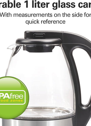 Hamilton Beach 1 Liter Electric Tea Kettle, Water Boiler & Heater | Fast Boiling 1500 Watts | BPA Free | Cordless Serving | Auto-Shutoff & Boil-Dry Protection | Blue LED | Clear Glass
