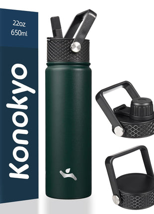Konokyo 22oz Stainless Steel Bottles with 3 Lids Sport Insulated Water Bottle,Army Green