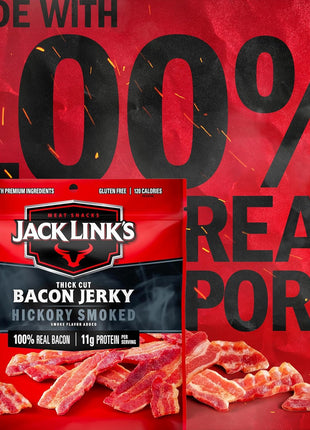 Jack Link's Bacon Jerky, Hickory Smoked   Flavorful Ready to Eat Meat Snack with 11g of Protein per Serving, Made with 100% Thick Cut Real Bacon, Protein Snack, Keto Friendly, 2.5 oz.