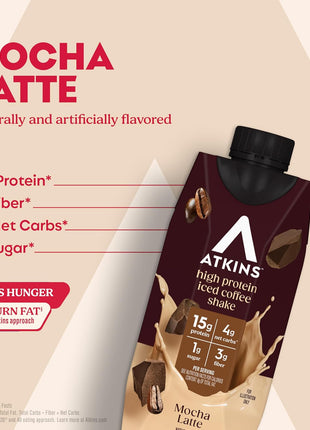 Atkins Mocha Latte Iced Coffee Flavored High Protein Shake, 12 Count | 15g Protein, 4g Net Carbs, 1g Sugar, 3g Fiber, Contains Caffeine, Ready to Drink, 11fl oz, 3 Pack of 4 Count Shakes
