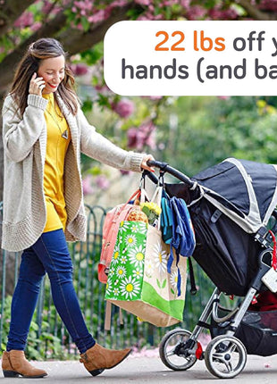 Baby Uma Stroller Hooks for Bags (2 Pack) - Non-Slip, One-Hand Use, 11 lb | These universal stroller clips open one-handed, resist slipping, and each carabiner hook holds 11 lbs—a travel essential.