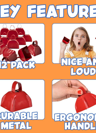 3 Inch Red Metal Cowbells (12-Pack) Loud Cheering Noise Makers | Hand Percussion Cow Bells for Sporting Events, Football Games, School Spirit, Pep Rallies, Celebrations & Team Fans