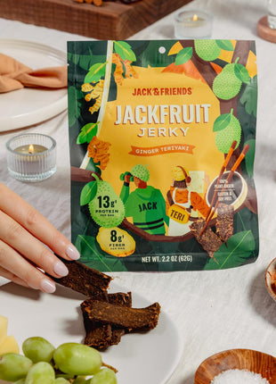 Jack & Friends Jackfruit Jerky Ginger Teriyaki - Plant Based Vegan Jerky Snack, Healthy Meatless Jerky Alternative Made from Jackfruit, 13g Protein, 8g Fiber, Gluten Free, Soy Free, Low Sugar, 2.2 oz (1 Pack)