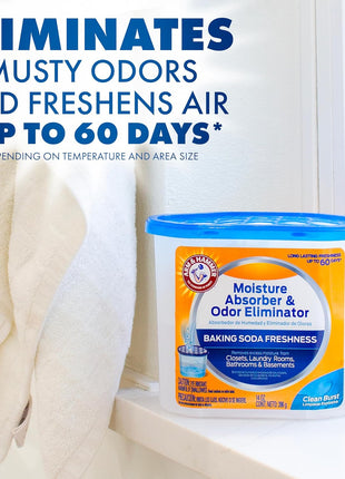 Arm & Hammer Clean Burst Moisture Absorber and Odor Eliminator Tubs, 14 oz, 3 Pack, Attract and Trap Excess Moisture, Eliminate Musty Odors, Convenient and Effective, White
