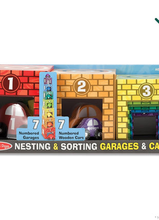 Melissa & Doug Nesting and Sorting Garages and Cars with 7 Graduated Garages and 7 Stackable Wooden Cars - FSC Certified