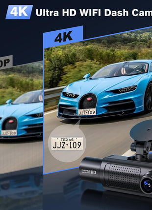 Miden 4K WiFi Dash Cam Front and Rear Inside, Free 64G SD Card, 2160P+1080P+1080P FHD 3 Channel Dash Camera for Cars, Night Vision, 24H Parking Monitor, 360° All Sides Dashcam, G-Sensor, WDR