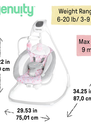 Ingenuity SimpleComfort Lightweight Compact 6-Speed Multi-Direction Baby Swing, Vibrations & Nature Sounds, 0-9 Months 6-20 lbs (Pink Cassidy) | Compact & Portable, Hands Free Soothing for Fussy Babies, Vibrations & USB Power for Newborns, 6-20 lbs