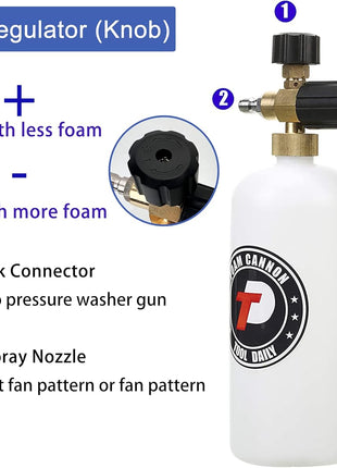 Tool Daily Foam Cannon with 1/4 Inch Quick Connector, 1 Liter, 5 Pressure Washer Nozzle Tips