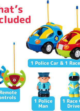 PREXTEX 2 Pack Cartoon Remote Control Cars for Toddlers - Police Car and Race Car with Steering Wheel Controllers and Lights - Different Frequencies Racing Together - Easter Toddler Gift 18+ Months.