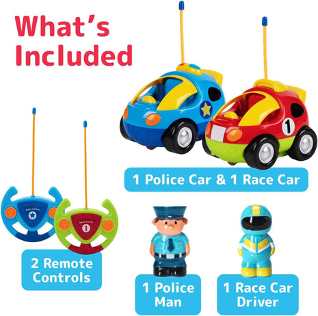 PREXTEX 2 Pack Cartoon Remote Control Cars for Toddlers - Police Car and Race Car with Steering Wheel Controllers and Lights - Different Frequencies Racing Together - Easter Toddler Gift 18+ Months.