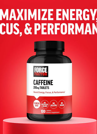 Force Factor Caffeine Pills 200mg, Boost Energy, Focus & Strength | Premium Quality Caffeine Tablets, Performance & Energy Support Supplement, 100 Tablets