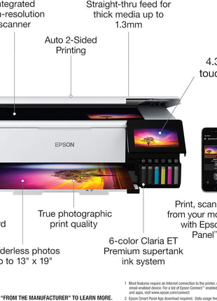 Epson EcoTank Photo ET-8550 Wireless Wide-Format All-in-One Tank Printer | Cartridge-free 6-color wide-format photo print, scan, copy; up to 16 ppm, 13 x 19 in.; ideal for creators and home studios