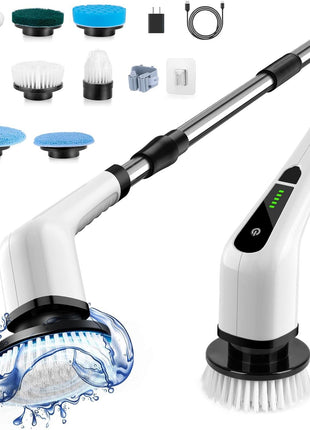 Electric Spin Scrubber, Power Shower Cleaning Brush with Long Handle | Cordless Cleaning Scrubber, 7 Replaceable Brush Heads, 90Mins Work Time, 3 Adjustable Size, 2 Speeds for Bathroom Cleaner