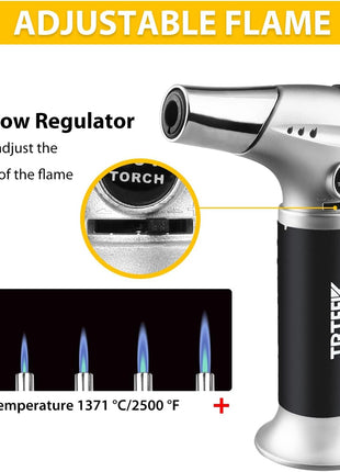 Kitchen Butane Torch with Safety Lock for Baking, Crafts & Steak | 2500°F Adjustable Continuous Flame, One-Button Piezo Ignition, Ergonomic Comfort Grip, 3 refill adapters(Butane Not Included)