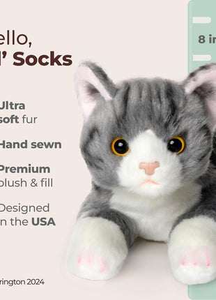 Bearington Lil' Socks Cat Stuffed Animal - 8" Realistic Cat Plush Toy - Soft Gray Striped Plush Cats with Lifelike Details for Kids, Toddlers, and Kitten Lovers - Adorable Gift for Kids