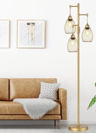 Dimmable Industrial Floor Lamps for Living Room, Gold Tree Standing Tall Lamps with 3 Elegant Teardrop Cage Head & 800 Lumens LED Bulbs for Bedroom Office
