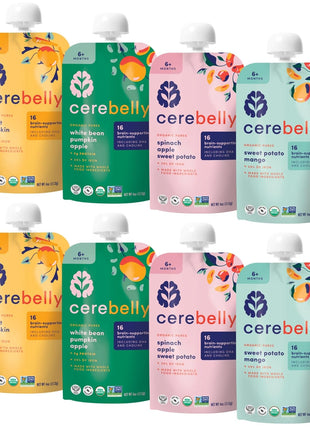 Cerebelly Organic Baby Food Pouches, Veggie & Fruit Variety Pack, DHA, 8ct | 16 Brain Nutrients, Calcium, Non-GMO, BPA-Free, No Added Sugars, Stage 1 & 2, Shelf-Stable, Nut-Free, Dairy-Free, Gluten-Free