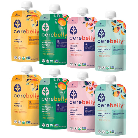 Cerebelly Organic Baby Food Pouches, Veggie & Fruit Variety Pack, DHA, 8ct | 16 Brain Nutrients, Calcium, Non-GMO, BPA-Free, No Added Sugars, Stage 1 & 2, Shelf-Stable, Nut-Free, Dairy-Free, Gluten-Free