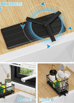 Cisily Sponge Holder for Kitchen Sink, Sink Caddy Organizer with High Brush Holder, Kitchen Countertop Organizers and Storage Essentials, Rustproof 304 Stainless Steel (Black, 9.25′′)