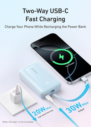 Anker Portable Charger, 10,000mAh 30W Power Bank, USB-C in and Out Fast Charging Battery Pack, Travel Essential Phone Power Bank, for iPhone 16/15, iPad, MacBook, Galaxy, Google, and More