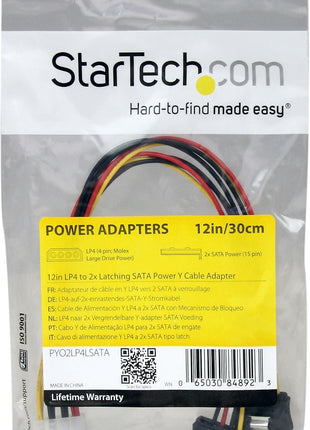 StarTech.com 12in LP4 to 2x Latching SATA Power Y Cable Splitter Adapter - 4 Pin LP4 to Dual SATA Y Splitter (PYO2LP4LSATA)