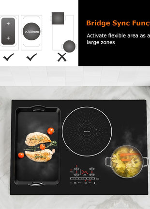 30 Inch Induction Cooktop 4 Burners, Flat Glass Top Electric Stove with Bridge-SYNC, 3 Preset Modes Booster, Timer, Pause, Child Lock, Drop in, 208~240V/40A, Black