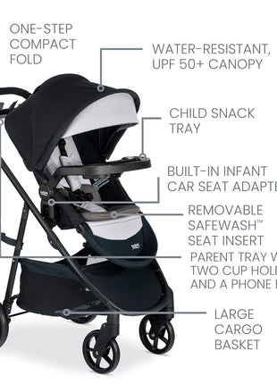Britax Willow Brook S+ Travel System With Alpine Base — Glacier Onyx | Car Seat Stroller Combo; Brook+ Stroller & Willow S Infant Car Seat; ClickTight; Stroller Insert; Parent & Child Trays