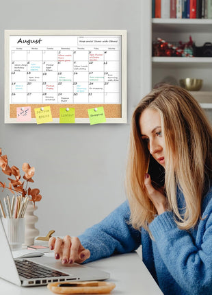 Calendar Whiteboard for Wall, TANKEE 17x13 Inches Whiteboard Calendar Cork Board Combo, Small Magnetic White Board with Wood Framed, Hanging Dry Erase Board for Kitchen Home Office School Planner