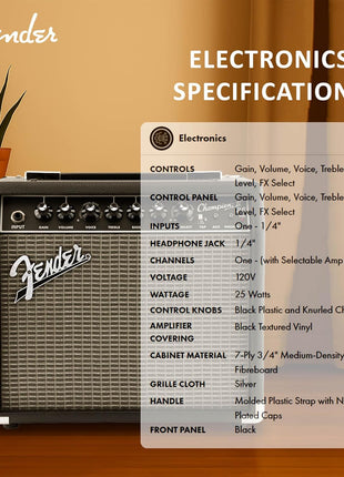 Fender Champion II 25-Watt Guitar Combo Amplifier Bundle with Instrument Cable, Picks, and Austin Bazaar Instructional Video