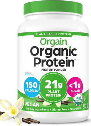 Orgain Organic Vegan Protein Powder, Vanilla Bean   21g Plant Protein, 4g Prebiotic Fiber, No Lactose Ingredients, No Added Sugar, Non GMO, For Shakes & Smoothies, 2.03 lb (Packaging May Vary)
