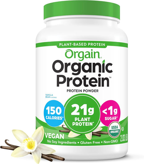 Orgain Organic Vegan Protein Powder, Vanilla Bean   21g Plant Protein, 4g Prebiotic Fiber, No Lactose Ingredients, No Added Sugar, Non GMO, For Shakes & Smoothies, 2.03 lb (Packaging May Vary)