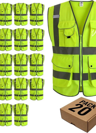 JKSafety 9 Pockets Class 2 High Visibility Zipper Front Safety Vest With Reflective Strips,Meets ANSI/ISEA Standard (Large, 150-Yellow)