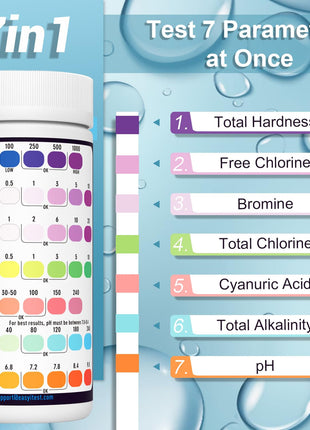 EASYTEST 7-Way Pool Test Strips, 150 Strips Water Chemical Testing for Hot tub and Spa, Accurate Test Bromine, Total Alkalinity, pH, Free Chlorine, Total Hardness, Cyanuric Acid, and Total Chlorine