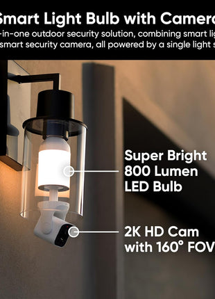 WYZE Bulb Cam - 2K HD Smart Light Bulb Security Camera with Color Night Vision, 800-Lumen Dimmable LED, 160° Wide View, Motion Detection & Siren, E26 Socket, Alexa/Google/IFTTT
