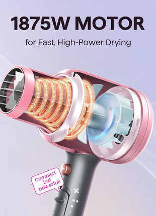 Wavytalk Hair Dryer, Blown Away Ionic Hair Dryer for Curly Hair with Diffuser, 1875W Fast Drying Blow Dryer with Ceramic Technology, 3 Attachments for All Hair Types, Light and Quiet, Rose Gold