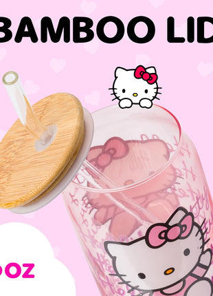 Silver Buffalo Sanrio Hello Kitty Waving Pink Glass Jar Tumbler with Bamboo Lid and Glass Straw, 16 Ounces