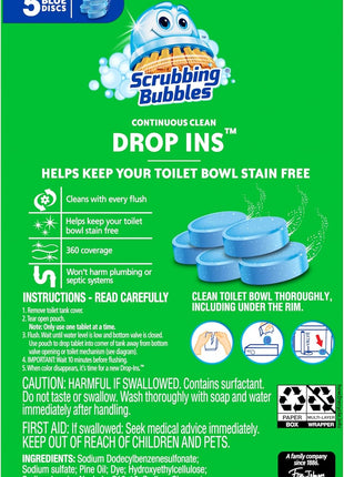 Scrubbing Bubbles Continuous Clean Toilet Drop-Ins, Automatic Blue Toilet Bowl Cleaner, Septic-Safe Tank Tablets Remove Hard Water Minerals & Limescale, Stain & Smell Protection, 5 Count (Pack of 1)