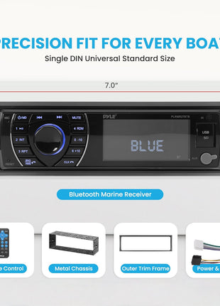 Pyle 300W Bluetooth Marine Stereo Receiver - Single DIN In-Dash AM/FM Radio with USB/SD - AUX - MP3 - Built-in Mic - EQ - Wireless Music Streaming - Remote - 12V - PLMRM29BT