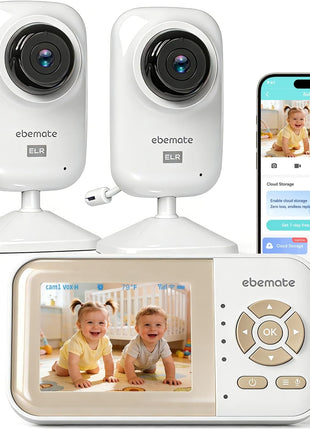 ebemate Update Freedom Wi-Fi Baby Monitor with 2 Camera, 2.8inch LCD Screen Video & Audio with 4 x Zoom Mode & 720P HD Camera, 2-Way Talk Cam with Intelligent Review & Growth Album,1200FT