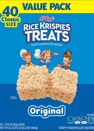 Rice Krispies Treats Crispy Marshmallow Squares, Kids Snacks, Snack Bars, Original, 31.2oz Box (40 Bars)