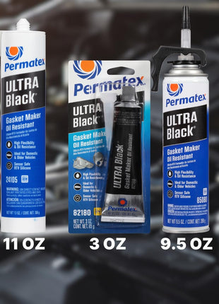 Permatex 82180 Ultra Black Maximum Oil Resistance RTV Silicone Gasket Maker, Sensor Safe and Non-Corrosive, for High Flex and Oil Resistant Applications 3 oz