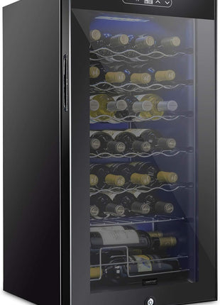 SCHMECKE 28 Bottle Compressor Wine Cooler Refrigerator w/Lock - Large Freestanding Wine Cellar - 41f-64f Digital Temperature Control Wine Fridge For Red, White, Champagne or Sparkling Wine - Black